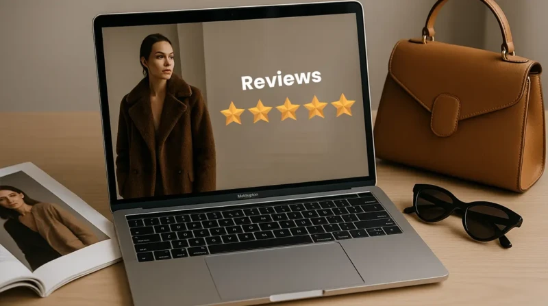 A stylish fashion setup with a laptop, handbag, sunglasses, and magazine.