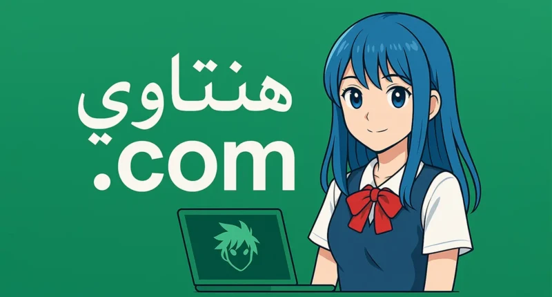 Anime-inspired illustration featuring a blue-haired character beside a laptop.
