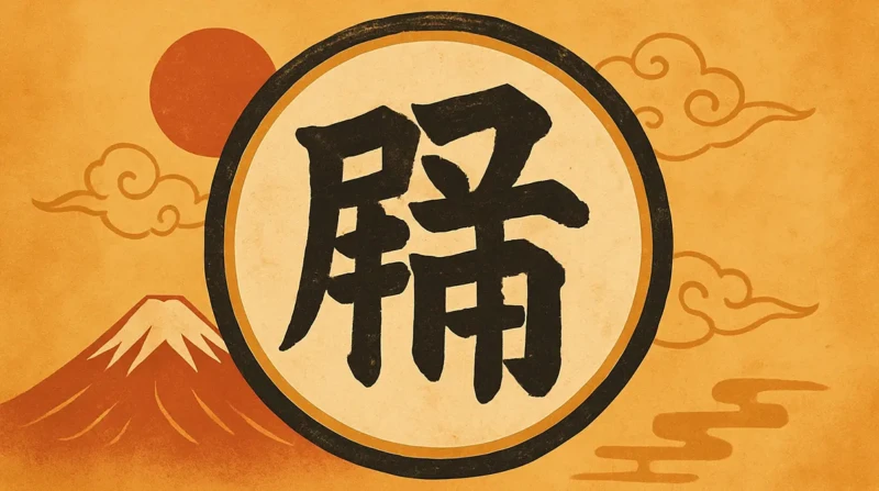 Traditional Japanese artwork with Mount Fuji, red sun, golden clouds, and kanji character.