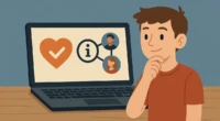Young man looking at a laptop screen with community icons and connections.