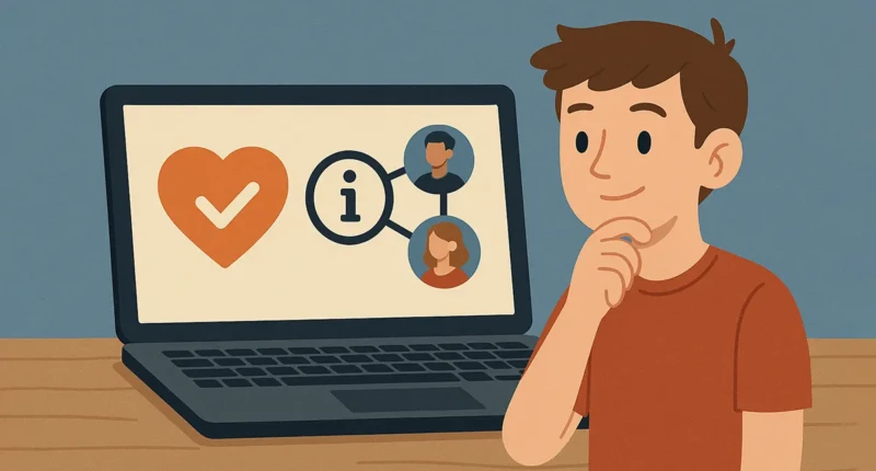 Young man looking at a laptop screen with community icons and connections.