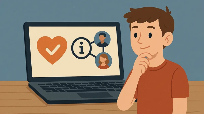 Young man looking at a laptop screen with community icons and connections.