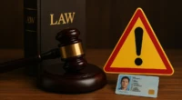 A gavel, law book, ID card, and a red warning sign on a desk.