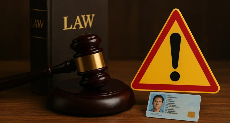 A gavel, law book, ID card, and a red warning sign on a desk.