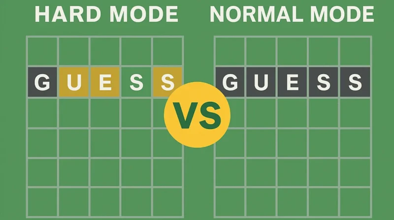 Digital illustration comparing Wordle hard mode and normal mode grids.