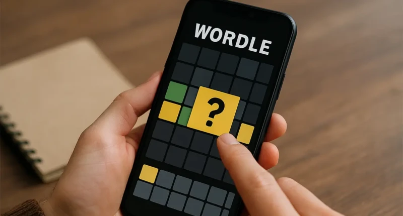 A person playing Wordle on a smartphone with colored tiles.
