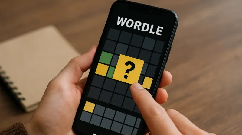 A person playing Wordle on a smartphone with colored tiles.